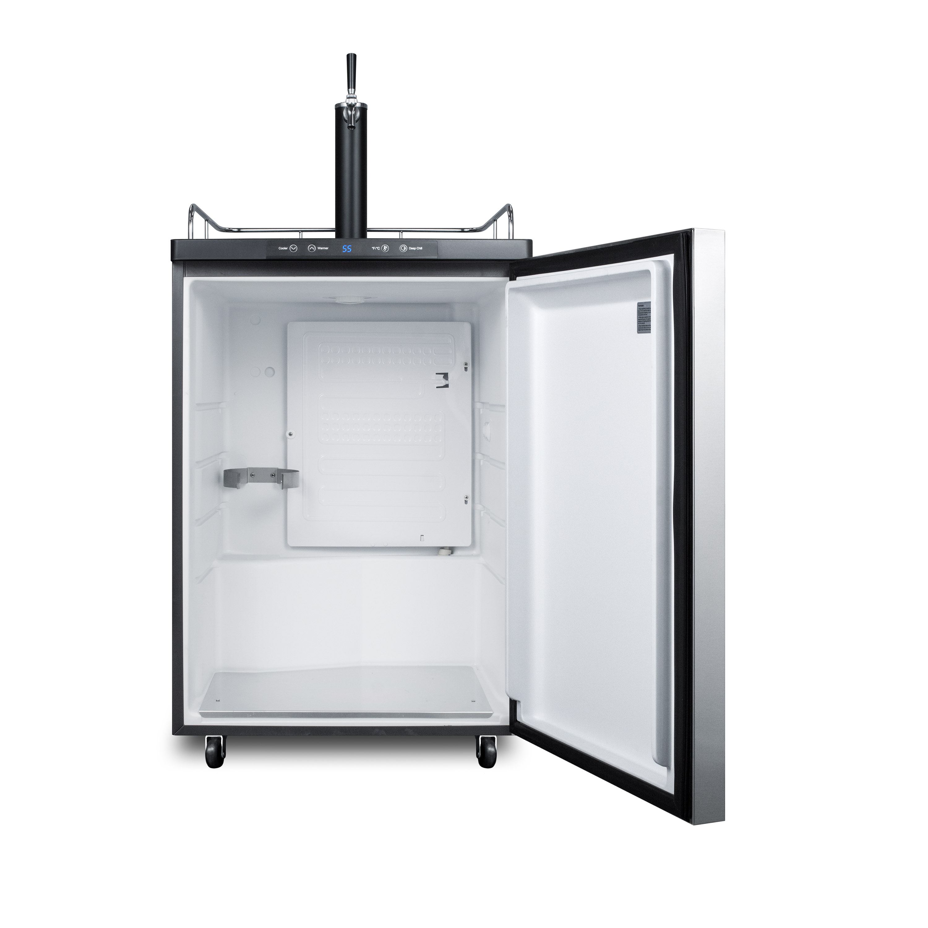 Freestanding residential beer dispenser, auto defrost with digital thermostat, stainless steel wrapped door, horizontal handle and black cabinet